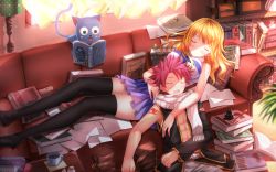 Rule 34 | 1boy, 1girl, abs, asymmetrical clothes, bare shoulders, black thighhighs, blonde hair, blush, book, bookshelf, boots, unworn boots, coffee, couch, couple, cup, curtains, fairy tail, happy (fairy tail), highres, indoors, inkwell, lamp, long hair, long legs, lucy heartfilia, natsu dragneel, open book, open mouth, paper, pink hair, reading, revision, scarf, short hair, sleeping, sunlight, swordsouls, thighhighs