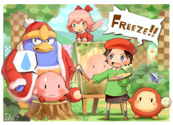 Rule 34 | 2girls, adeleine, artist name, beret, black hair, blue eyes, bow, day, easel, english text, forest, hair bow, hat, highres, holding, holding paintbrush, king dedede, kirby, kirby (series), kirby 64, long sleeves, looking at another, multiple girls, nature, nintendo, open mouth, outdoors, paintbrush, pink hair, red bow, ribbon (kirby), sho.t, short hair, sitting, speech bubble, tree, waddle dee