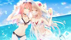 Rule 34 | 2girls, bikini, black bikini, blonde hair, blue sky, blush, breasts, cleavage, closed mouth, creator connection, cup, eyewear on head, fingernails, flower hat, frilled bikini, frills, girls&#039; frontline, green eyes, hand on own hip, hand up, hat, highres, holding, holding cup, hug, long hair, looking at viewer, medium breasts, multiple girls, navel, ocean, official alternate costume, open mouth, ots-14 (girls&#039; frontline), pink hair, r93 (girls&#039; frontline), r93 (holiday lucky star) (girls&#039; frontline), red bikini, side-tie bikini bottom, simple background, sky, smile, sui (camellia), sun hat, swimsuit, water, white bikini, yellow eyes