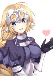Rule 34 | 1girl, 2017, :d, ahoge, armor, artist name, black gloves, blonde hair, blue eyes, braid, breasts, capelet, chain, dated, eyes visible through hair, fate/apocrypha, fate (series), gloves, hand up, headpiece, heart, highres, jeanne d&#039;arc (fate), jeanne d&#039;arc (ruler) (fate), long hair, medium breasts, misora deco, open mouth, purple capelet, simple background, single braid, smile, solo, teeth, underbust, upper body, very long hair, white background