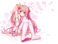 Rule 34 | 1girl, alternate color, alternate hair color, bad id, bad pixiv id, boots, cherry, cherry blossoms, detached sleeves, food, fruit, hatsune miku, long hair, name connection, necktie, object namesake, pink eyes, pink footwear, pink hair, sakura miku, sakuro, skirt, smile, solo, thighhighs, twintails, very long hair, vocaloid, zettai ryouiki