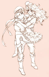Rule 34 | 1boy, 1girl, alternate costume, ass, blush, breasts, carrying, choker, cleavage, commentary request, curly hair, dragon quest, dragon quest vii, dress, earrings, goggles, goggles on head, hat, hero (dq7), jewelry, long hair, maribel (dq7), mayakaek, monochrome, princess carry, smile