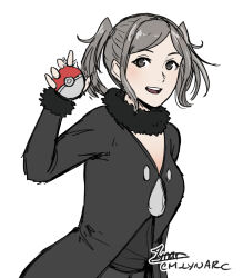 Rule 34 | 1girl, artist name, cm lynarc, coat, company name, cosplay, creatures (company), cynthia (fire emblem), cynthia (pokemon), cynthia (pokemon) (cosplay), fire emblem, fire emblem awakening, fur-trimmed coat, fur trim, game freak, grey eyes, grey hair, highres, holding, holding poke ball, long sleeves, looking at viewer, nintendo, poke ball, pokemon, pokemon dppt, signature, smile, solo, white background