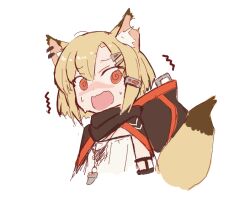 Rule 34 | 1girl, @ @, animal ears, arknights, black cape, blonde hair, cape, cropped torso, fox ears, fox girl, fox tail, hair ornament, hairclip, hood, hooded cape, jewelry, mitake eil, necklace, notched ear, open mouth, orange eyes, shirt, short hair, simple background, sketch, solo, sweat, tail, tooth necklace, upper body, vermeil (arknights), white background, white shirt