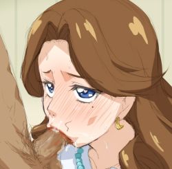 Rule 34 | 10s, 1boy, 1girl, aikatsu!, aikatsu! (series), blue eyes, blush, brown hair, censored, clothed female nude male, dripping, earrings, erection, fellatio, heart, heart-shaped pupils, hetero, jewelry, jouwan, lipstick, long hair, looking at viewer, makeup, male pubic hair, mitsuishi orihime, mole, navel, necklace, nude, oral, pearl necklace, penis, pubic hair, red lips, red lips, saliva, snot, standing, stray pubic hair, sweat, symbol-shaped pupils, testicles