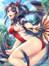 Rule 34 | 1girl, ass, black hair, blue eyes, breasts, cape, fate/grand order, fate (series), feather fan, hagino kouta, hair ornament, hat, highres, hood, hooded cape, leaf, long hair, looking at viewer, medium breasts, one-piece swimsuit, open mouth, sideboob, smile, solo, swimsuit, tengu, tokin hat, tree, twitter username, ushiwakamaru (fate), ushiwakamaru (fate/grand order), ushiwakamaru (swimsuit assassin) (fate), ushiwakamaru (swimsuit assassin) (third ascension) (fate), very long hair
