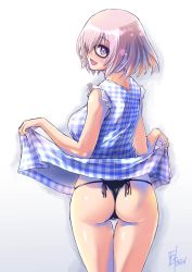 Rule 34 | 1girl, artist name, ass, black-framed eyewear, black panties, blue dress, checkered clothes, checkered dress, clothes lift, commentary request, cowboy shot, dated, dress, fate/grand order, fate (series), glasses, grey hair, highres, lifting own clothes, looking at viewer, looking back, mash kyrielight, mash kyrielight (senpai killer outfit), nenchi, official alternate costume, open mouth, panties, purple eyes, short dress, short hair, signature, simple background, skirt, skirt lift, sleeveless, sleeveless dress, smile, solo, standing, thigh gap, thong, underwear, white background