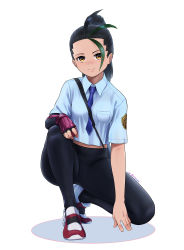 Rule 34 | 1girl, beleven, black hair, black pantyhose, blue necktie, breast pocket, breasts, brown eyes, closed mouth, collared shirt, commentary request, creatures (company), dark-skinned female, dark skin, fingerless gloves, full body, game freak, gloves, green hair, highres, looking at viewer, multicolored hair, necktie, nemona (pokemon), nintendo, on one knee, pantyhose, pocket, pokemon, pokemon sv, ponytail, purple gloves, shirt, shoes, smile, sneakers, spread legs, strap, streaked hair