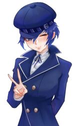 Rule 34 | 1girl, arm behind back, blue eyes, blue hair, blue hat, blue jacket, blue ribbon, breasts, buttons, cabbie hat, collared shirt, commentary, double-breasted, eyelashes, hand up, hat, highres, jacket, large breasts, long sleeves, looking at viewer, n7grey, neck ribbon, one eye closed, parted lips, persona, persona 4, ribbon, romaji commentary, shirogane naoto, shirt, short hair, simple background, solo, upper body, v, white background, white shirt