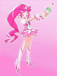 Rule 34 | 10s, 1girl, boots, bow, brooch, cure blossom, dress, earrings, flower, flower tact, full body, hair flower, hair ornament, hair ribbon, halftone, halftone background, hanasaki tsubomi, happy, heart, heart brooch, heartcatch precure!, high heels, jewelry, knee boots, long hair, magical girl, pink background, pink bow, pink eyes, pink hair, pink theme, ponytail, precure, ribbon, shoes, solo, tana (cure-aqua), wand, wrist cuffs