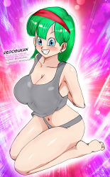 Rule 34 | 1girl, abstract background, arms behind back, artist name, bare arms, bare legs, bare shoulders, barefoot, bdsm, blue eyes, blush, bondage, bound, breasts, bulma, cleavage, clenched teeth, collarbone, dragon ball, dragonball z, earrings, facing viewer, feet, full body, green hair, grey panties, grey tank top, grin, hairband, highres, jewelry, large breasts, looking at viewer, midriff, navel, neck, no bra, panties, red hairband, redosukan, seiza, shiny skin, short hair, sitting, smile, solo, stud earrings, tank top, teeth, thick thighs, thighs, underwear, wariza
