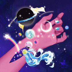 Rule 34 | 1other, ambiguous gender, artist name, blue nails, cloud, commentary, english commentary, english text, hand focus, highres, injury, mrmeinn, nail polish, original, planet, planetary ring, pov, rainbow, shooting star, shooting star (symbol), sky, space, sparkle, star (sky), starry sky, watermark, waves