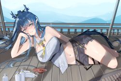 Rule 34 | 1girl, absurdres, arknights, black shorts, blue eyes, blue hair, bottle, breasts, closed mouth, cup, detached collar, dragon girl, dragon horns, dragon tail, earrings, full body, highres, horns, jewelry, large breasts, ling (arknights), long hair, looking at viewer, lying, midriff, multicolored hair, navel, necktie, on side, pointy ears, sakazuki, sake bottle, shirt, short shorts, shorts, solo, strapless, strapless shirt, streaked hair, tail, tassel, tassel earrings, teizen (niwamaee), thigh strap, thighs, very long hair, yellow necktie