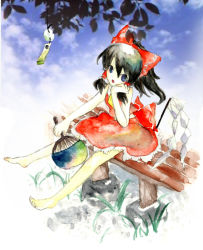 Rule 34 | 1girl, bad id, bad pixiv id, bench, black hair, blue eyes, bow, female focus, full body, gradient background, hair bow, hairband, hakurei reimu, hand fan, japanese clothes, lang (chikage36), miko, nami (mikankan), nature, outdoors, plant, ribbon, sitting, skirt, sky, solo, touhou, white background