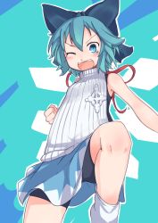 Rule 34 | 1girl, bare arms, black bow, blue eyes, blue hair, blush, bow, cirno, clenched hand, commentary request, fangs, furorina, hair between eyes, hair bow, leotard, looking at viewer, meme attire, one eye closed, open mouth, short hair, skirt, sleeveless, socks, solo, sweater, touhou, unitard, virgin killer sweater, white socks, white sweater