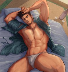 Rule 34 | 1boy, abs, absurdres, bara, bare pectorals, beard, bed, black eyes, black hair, bulge, cup, facial hair, feet out of frame, fundoshi, gyee, hairy, highres, indoors, japanese clothes, ko shushu, lan (gyee), large pectorals, looking at viewer, male focus, male pubic hair, male underwear, manly, muscular, navel, nipples, open clothes, pectorals, pillow, pubic hair, sakazuki, short hair, solo, thick thighs, thighs, white male underwear