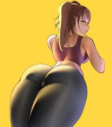 Rule 34 | 1girl, ass, bare shoulders, blush, breasts, brown hair, cameltoe, from behind, highres, huge ass, kujikawa rise, large breasts, long hair, looking at viewer, looking back, okaimikey, pants, persona, persona 4, shiny clothes, shiny skin, sideboob, skin tight, smile, solo, spandex, twintails, yellow eyes