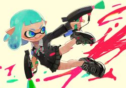 Rule 34 | 1girl, bike shorts, blue eyes, blue hair, blunt bangs, bow, bowtie, cardigan, full body, inkling, inkling girl, inkling player character, long sleeves, mask, nintendo, paint, pleated skirt, pointy ears, shoes, short hair, simple background, skirt, smile, sneakers, splat dualies (splatoon), striped, striped bow, white background