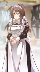 Rule 34 | 1girl, ahoge, alternate costume, apron, blue eyes, breasts, brown hair, commentary request, cuffs, enmaided, girls&#039; frontline, korean commentary, large breasts, lazy ant, lee-enfield (girls&#039; frontline), long hair, maid, maid apron, maid headdress, ponytail, room, smile, solo