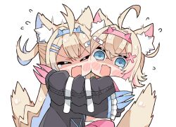 Rule 34 | 2girls, animal ear fluff, animal ears, bandaid, bandaid hair ornament, black jacket, blonde hair, blue eyes, blue hair, blue hairband, chibi, closed eyes, collar, commentary, crossed bangs, dog ears, dog girl, dog tail, double-parted bangs, english commentary, fake horns, fang, fur-trimmed jacket, fur trim, fuwawa abyssgard, fuwawa abyssgard (1st costume), hair between eyes, hair intakes, hair ornament, hairband, hairclip, highres, hololive, hololive english, horns, jacket, kukie-nyan, long hair, mococo abyssgard, mococo abyssgard (1st costume), multicolored hair, multiple girls, open mouth, pink hair, pink hairband, short hair, siblings, sisters, streaked hair, tail, twins, two side up, virtual youtuber, white background, x hair ornament