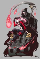 Rule 34 | 1boy, 1girl, crop top, dated, death (entity), fire, grim reaper, hat, highres, hololive, hololive english, jacket, kivo, male focus, midriff, mori calliope, mori calliope (streetwear), navel, pink eyes, pink hair, ponytail, scythe, shoes, signature, sitting, skull, sneakers, speaker, sunglasses, virtual youtuber