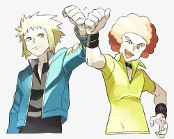 Rule 34 | 2boys, afro, aqua jacket, black choker, black shirt, black wristband, blonde hair, blue eyes, choker, clenched hand, closed mouth, commentary request, creatures (company), donnpati, flint (pokemon), game freak, gym leader, hand up, jacket, long sleeves, male focus, multiple boys, nintendo, one eye closed, open mouth, orange hair, pokemon, pokemon dppt, shirt, smile, teeth, tongue, volkner (pokemon), wristband, yellow shirt