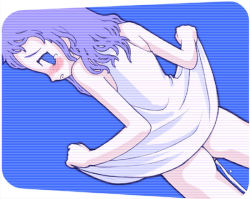 Rule 34 | 1girl, ass, blue background, blue eyes, blue hair, blush, clothes lift, dress, dress lift, from behind, gouchin (nyou-tou), long hair, looking at viewer, looking back, no panties, open mouth, peeing, sleeveless, sleeveless dress, standing, striped, striped background, tears, white dress