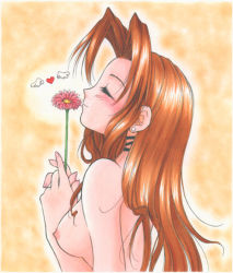 Rule 34 | 1990s (style), 1girl, ^ ^, aerith gainsborough, blush, breasts, closed eyes, earrings, female focus, final fantasy, final fantasy vii, flower, from side, heart, holding, holding flower, hyoujun mai, jewelry, long hair, nipples, orange hair, retro artstyle, simple background, smelling, smile, solo, topless frame, upper body, wings, yellow background