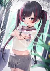 Rule 34 | 1girl, bad id, bad pixiv id, black collar, black hair, black nails, blurry, blurry foreground, blush, bracelet, collar, commentary request, crossed arms, depth of field, ear piercing, earrings, grey eyes, grey sailor collar, grey skirt, groin, highres, jewelry, long hair, looking at viewer, moe2022, multicolored hair, nail polish, navel, original, parted lips, piercing, pleated skirt, red hair, sailor collar, school uniform, see-through, serafuku, shirt, short sleeves, skirt, solo, spiked bracelet, spiked collar, spikes, streaked hair, tsukiman, twintails, very long hair, water, wavy mouth, wet, wet clothes, wet shirt, white shirt