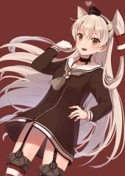 Rule 34 | 1girl, amatsukaze (kancolle), black dress, blue eyes, blush, brown background, dress, fang, garter straps, gloves, hair between eyes, hair tubes, kantai collection, long hair, long sleeves, natsume (natsume melio), open mouth, red thighhighs, sailor collar, sailor dress, silver hair, simple background, single glove, skin fang, smile, solo, thighhighs, two side up, white gloves, white sailor collar