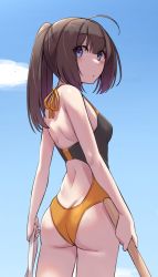 Rule 34 | 1girl, ahoge, akizuki (kancolle), ass, bare arms, bare legs, bare shoulders, black hair, black one-piece swimsuit, blue eyes, blush, butt crack, closed mouth, competition swimsuit, cowboy shot, highres, kantai collection, kiritto, long hair, one-piece swimsuit, ponytail, solo, swimsuit
