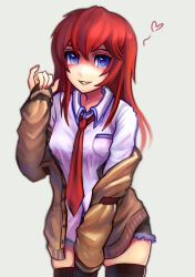 Rule 34 | 1girl, blue eyes, breast pocket, cardigan, collared shirt, fur-trimmed shorts, fur trim, grin, heart, highres, long hair, long sleeves, looking at viewer, makise kurisu, meishavo, necktie, off shoulder, pinching sleeves, pocket, red hair, shaded face, shirt, short shorts, shorts, skindentation, smile, solo, steins;gate, thighhighs