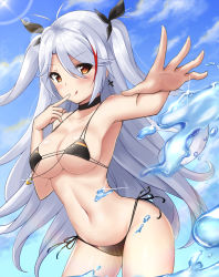 Rule 34 | 1girl, :q, absurdres, armpits, azur lane, bikini, black bikini, black ribbon, blue sky, breasts, choker, cleavage, cloud, collarbone, cowboy shot, day, earrings, finger to mouth, flag print, floating hair, german flag bikini, groin, hair between eyes, hair ribbon, highres, index finger raised, jewelry, large breasts, lens flare, long hair, looking at viewer, micro bikini, navel, nyanyang, orange eyes, outdoors, outstretched arm, prinz eugen (azur lane), prinz eugen (unfading smile) (azur lane), ribbon, side-tie bikini bottom, sideboob, silver hair, sky, solo, sparkle, standing, swimsuit, tongue, tongue out, twintails, two side up, underboob, very long hair, wading, water