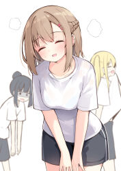 Rule 34 | 3girls, :d, ^ ^, black hair, black shorts, blonde hair, blush, braid, breasts, brown hair, childhood friend (ominaeshi), closed eyes, commentary request, facing viewer, gym shirt, gym shorts, gym uniform, hair between eyes, hair bun, hair ornament, hairclip, highres, leaning forward, medium breasts, multiple girls, ominaeshi (takenoko), open mouth, original, shaded face, shirt, short sleeves, shorts, sidelocks, simple background, smile, standing, sweat, twintails, white background, white shirt