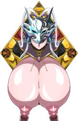 Rule 34 | 1girl, absurdres, blue eyes, breasts, censored, commission, duel monster, helmet, highres, ierouyellow, large breasts, looking at viewer, mask, mask on head, mosaic censoring, penis, pixiv, pixiv commission, shiny skin, solo focus, swordsoul (yu-gi-oh!), swordsoul of mo ye, white hair, yu-gi-oh!, yu-gi-oh! duel monsters