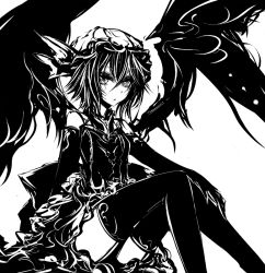 Rule 34 | 1girl, acryl, alternate costume, bad id, bad pixiv id, bow, dress, female focus, greyscale, hat, hat bow, monochrome, remilia scarlet, solo, thighhighs, touhou, white background, wings