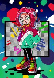 Rule 34 | 1990s (style), 1girl, black pants, full body, green eyes, green jacket, hands in pockets, highres, jacket, multicolored clothes, multicolored jacket, nintendo, octoling, octoling girl, octoling player character, open mouth, pants, pointy ears, potiri02, red hair, red jacket, retro artstyle, shoes, short eyebrows, smile, sneakers, solo, splatoon (series), standing, tentacle hair, v-shaped eyebrows, white jacket