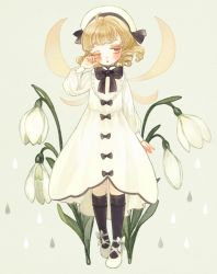 Rule 34 | 1girl, ahoge, bad id, bad twitter id, beige background, black bow, black legwear, blonde hair, blush, boots, bow, bowtie, brown eyes, colored eyelashes, dress, drill hair, fairy wings, floral background, flower, full body, hat, knee boots, long sleeves, luna child, medium hair, one eye closed, parted lips, puffy long sleeves, puffy sleeves, rubbing eyes, shoes, simple background, snowdrop (flower), solo, standing, touhou, white dress, white flower, white footwear, white hat, wings, yujup