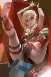 Rule 34 | absurdres, abys, animal ear headphones, animal ears, arms up, bare legs, barefoot, bell, blonde hair, bow, cat ear headphones, christmas, christmas tree, dress, fake animal ears, feet, feet up, fur-trimmed dress, fur trim, girls&#039; frontline, green eyes, gun, headphones, highres, leg up, looking at viewer, merry christmas, official alternate costume, ribbon, santa costume, soles, solo, b&amp;t mp9, submachine gun, tail, tail bell, tail bow, tail ornament, tail ribbon, tmp (girls&#039; frontline), tmp (red-eared cat) (girls&#039; frontline), toes, weapon