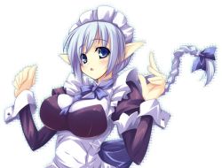 Rule 34 | 1girl, blue eyes, blue hair, braid, breasts, dalk gaiden, elf, large breasts, maid, matching hair/eyes, open mouth, phime alfar, pointy ears, ponytail, shimakaze (soundz of bell), single braid, solo