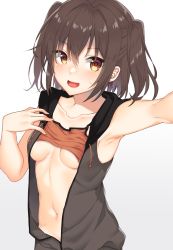 Rule 34 | 1girl, armpits, blush, breasts, brown eyes, brown hair, collarbone, commentary request, hood, hood down, hooded vest, hoodie, kantai collection, long hair, medium breasts, open clothes, open mouth, open vest, selfie, sendai (kancolle), simple background, sleeveless, solo, sports bra, sweat, two side up, underboob, upper body, vest, white background, yuzuttan