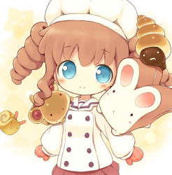 Rule 34 | 1girl, :&lt;, aikei ake, blue eyes, bread, cat, chef hat, chef, chocolate cornet, creature, drill hair, food, hat, original, oven mitts, skirt, smile, snail, solo, twin drills