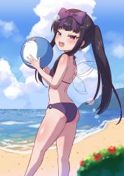 Rule 34 | 1girl, :d, absurdres, ass, back, ball, beach, beachball, bikini, black hair, blue sky, blush, body blush, bow, breasts, cloud, commentary request, cookie (touhou), day, earrings, fairy wings, feet out of frame, hair bow, highres, hime cut, holding, holding ball, holding beachball, horizon, jewelry, long hair, looking at viewer, o-ring, o-ring bottom, ocean, open mouth, outdoors, plant, ponytail, purple bikini, purple bow, purple eyes, shunga youkyu, sidelocks, sky, small breasts, smile, solo, sparkle, star (symbol), star earrings, star sapphire, swimsuit, the chicken that appears in the middle of cookie, thighs, touhou, tsugumi amon, water, wings
