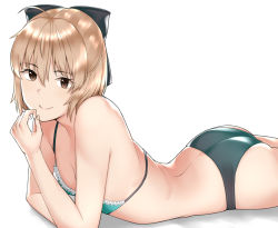 Rule 34 | 1girl, ahoge, bad id, bad pixiv id, black bow, black panties, blonde hair, bow, breasts, collarbone, commentary request, fate/grand order, fate (series), hair between eyes, hair bow, looking at viewer, lying, medium breasts, okita souji (fate), okita souji (koha-ace), on stomach, oribe (nopear), panties, short hair, simple background, smile, solo, underwear, white background