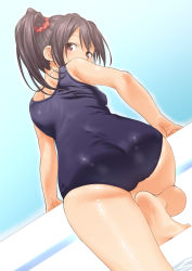 Rule 34 | 10s, 1girl, ass, barefoot, black hair, bow, feet, hair bow, inu (aerodog), looking at viewer, looking back, love live!, love live! school idol project, one-piece swimsuit, red eyes, school swimsuit, soles, solo, swimsuit, twintails, yazawa nico