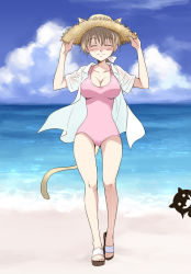 Rule 34 | 1girl, agahari, animal ears, blush, breasts, brown hair, casual one-piece swimsuit, cat ears, cat tail, cleavage, cloud, day, ears through headwear, closed eyes, fang, hand on headwear, hat, large breasts, lynette bishop, miyafuji yoshika, ocean, one-piece swimsuit, sandals, shirt, silhouette, silhouette demon, sky, smile, solo, straw hat, strike witches, sun hat, swimsuit, tail, water, world witches series