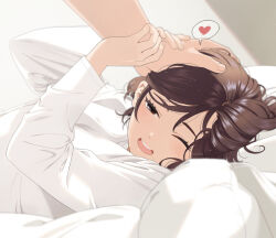 Rule 34 | 1boy, 1girl, ;d, blush, brown eyes, brown hair, commentary request, happy, headpat, heart, hetero, holding another&#039;s wrist, indoors, long sleeves, lying, mattaku mousuke, on back, one eye closed, open mouth, original, out of frame, pillow, shirt, smile, solo focus, spoken heart, twitter username, watermark, white shirt