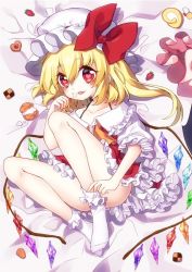 Rule 34 | 1girl, ascot, bad id, bad tumblr id, blonde hair, blush, bobby socks, bra, collarbone, cookie, cream, cream puff, eyebrows, flandre scarlet, food, food on face, frilled skirt, frills, fruit, hair between eyes, halterneck, hat, hat ribbon, kyouda suzuka, looking at viewer, lying, mob cap, red eyes, red ribbon, red skirt, ribbon, side ponytail, skirt, skirt set, smile, socks, solo, strawberry, tongue, tongue out, touhou, underwear, white socks, wings