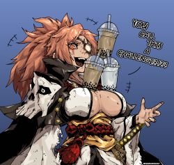 Rule 34 | 1girl, baiken, big hair, black kimono, breasts, bubble tea challenge, cleavage, drinking straw, eyepatch, facial tattoo, guilty gear, guilty gear strive, highres, illenn, japanese clothes, katana, kimono, large breasts, long hair, multicolored clothes, multicolored kimono, object on breast, one-eyed, pink hair, ponytail, red eyes, scar, scar across eye, scar on face, solo, sword, tattoo, weapon, white kimono