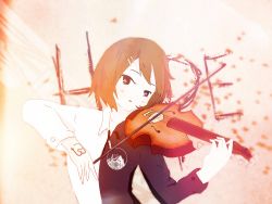 Rule 34 | absurdres, alternate costume, artist request, bird, blurry, blurry background, bow (music), brown eyes, brown hair, colosseum, crossover, flock, godspeed you! black emperor, hair ornament, hairpin, hand tattoo, highres, hirasawa yui, instrument, k-on!, lens flare, long sleeves, looking at viewer, majorpentatonix, music, photoshop (medium), playing instrument, serious, shirt, short hair, snake tattoo, tattoo, two-tone shirt, violin, writing, zipper